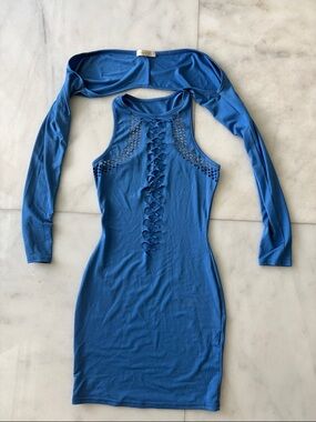 Sorelle Uk Royal Blue Lace-Up Cutout Bodycon Mini Dress with sleeves